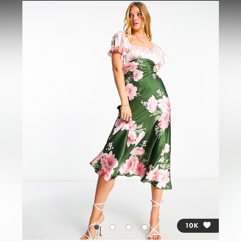 ASOS DESIGN satin flutter sleeve midi floral print in pink and green dress